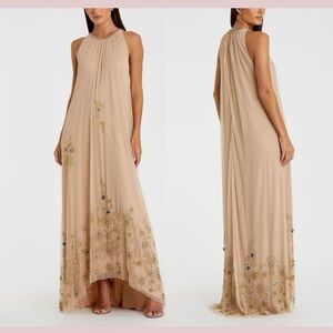 Mac Duggal Beige Maxi Dress with Floral Details